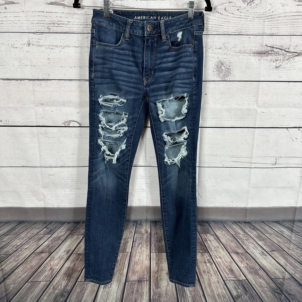 American Eagle Jeans Womens 6 Blue High Rise Jegging Next level Stretch Distress - Picture 1 of 10